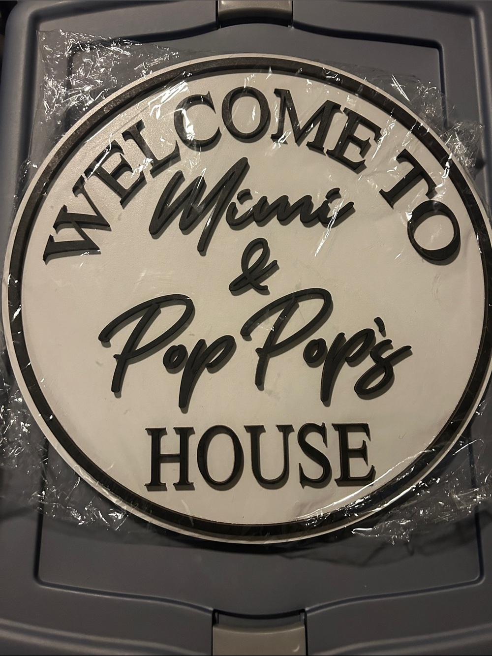 Welcome to Mimi & Pop Pop's House Round Welcome Sign - Black on White